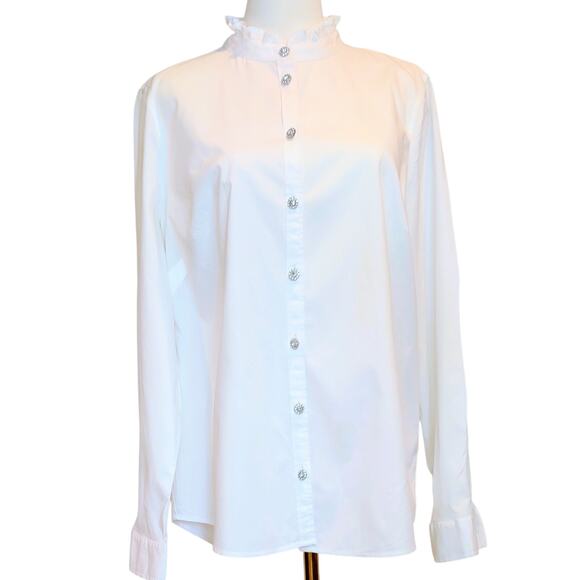 J. Crew Tops - J. CREW Ruffle-Neck Jeweled Button-Up Long Sleeve White Shirt Size XL.